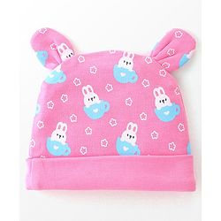 Babyhug 100% Cotton Cap Mittens & Booties Bunny Print Pink - Diameter 9 Cm