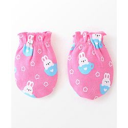 Babyhug 100% Cotton Cap Mittens & Booties Bunny Print Pink - Diameter 9 Cm