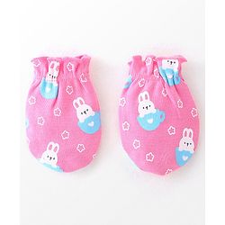 Babyhug 100% Cotton Cap Mittens & Booties Bunny Print Pink - Diameter 9 Cm