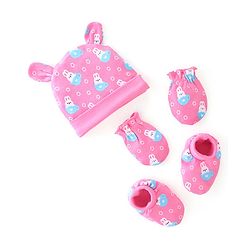 Babyhug 100% Cotton Cap Mittens & Booties Bunny Print Pink - Diameter 9 Cm