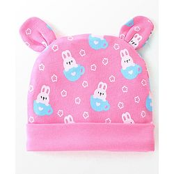 Babyhug 100% Cotton Cap Mittens & Booties Bunny Print Pink - Diameter 9 Cm