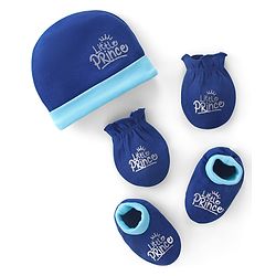 Babyhug 100% Cotton Cap Mittens & Text Print Navy Blue- Diameter 10 cm