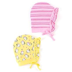 Babyhug 100% Cotton Cap Kitty & Floral Print Pack Of 2 Pink & Yellow - Diameter 12.5