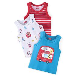 Babyhug 100% Cotton Sleeveless Sando Bus & Wild Animals Print Pack of 3 - Red Blue & Grey