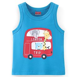 Babyhug 100% Cotton Sleeveless Sando Bus & Wild Animals Print Pack of 3 - Red Blue & Grey