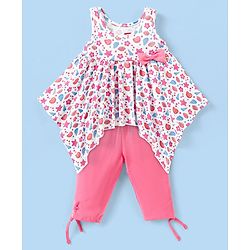 Babyhug 100% Cotton Sleeveless Top & Capri Set Shells Print - White & Pink