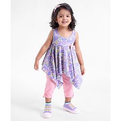 Babyhug 100% Cotton Sleeveless Top & Capri Set Floral Print- Purple & Pink