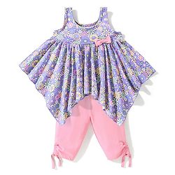 Babyhug 100% Cotton Sleeveless Top & Capri Set Floral Print- Purple & Pink