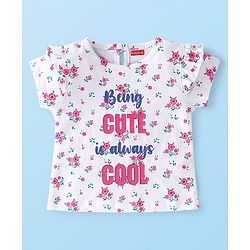 Babyhug 100% Cotton Knit Half Sleeves Floral Graphics & Frill Detailing T-Shirt - White & Pink