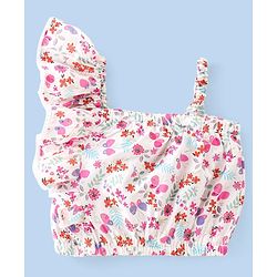 Babyhug 100% Rayon Woven Sleeveless One Shoulder Crop Top With Frill & Lace Detailing Floral Print- White