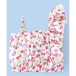 Babyhug 100% Rayon Woven Sleeveless One Shoulder Crop Top With Frill & Lace Detailing Floral Print- White