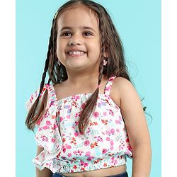 Babyhug 100% Rayon Woven Sleeveless One Shoulder Crop Top With Frill & Lace Detailing Floral Print- White