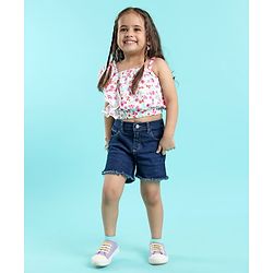 Babyhug 100% Rayon Woven Sleeveless One Shoulder Crop Top With Frill & Lace Detailing Floral Print- White