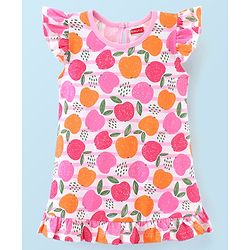 Babyhug Cotton Knit Frill Sleeves Nighty with Fruits Print - Multicolour
