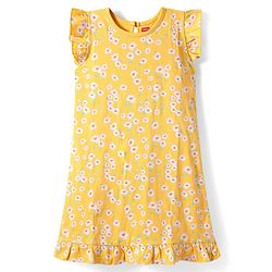 Babyhug Cotton Knit Short Sleeves Nighty Floral Print - Yellow