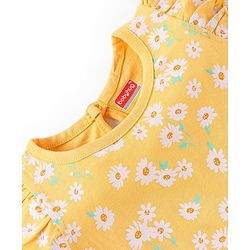 Babyhug Cotton Knit Short Sleeves Nighty Floral Print - Yellow