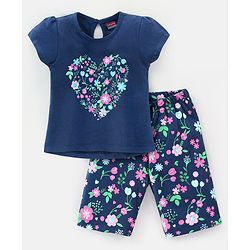 Babyhug Cotton Knit Cap Sleeves Capri Night Suit Floral Print - Navy