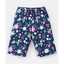 Babyhug Cotton Knit Cap Sleeves Capri Night Suit Floral Print - Navy