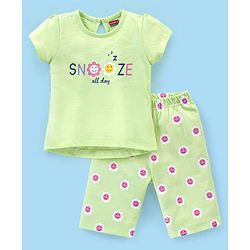 Babyhug Cotton Knit Cap Sleeves Capri Night Suit Snooze Print - Green