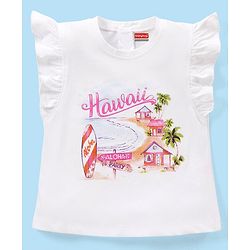 Babyhug Cotton Knit Frill Sleeves Top with Hawaii Graphics Print - White