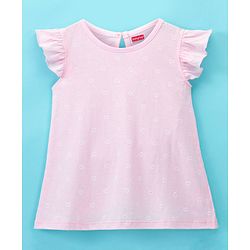 Babyhug Cotton Knit Frill Sleeves Nighty Heart Print - Pink