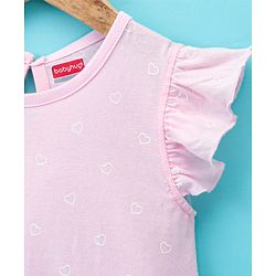 Babyhug Cotton Knit Frill Sleeves Nighty Heart Print - Pink