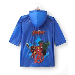 Babyhug Full Sleeve Calf Length Raincoat Avengers Print - Blue