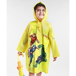 Babyhug Full Sleeves Hooded Raincoat Avengers Print - Yellow