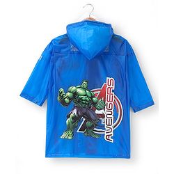 Babyhug Full Sleeves Calf Length Hooded Raincoat Avengers Print - Blue