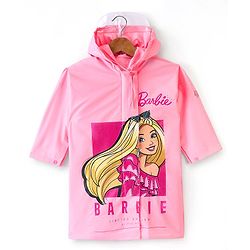Babyhug Full Sleeves Calf Length Hooded Raincoat Barbie Print - Pink
