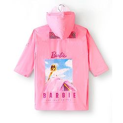Babyhug Full Sleeves Calf Length Hooded Raincoat Barbie Print - Pink