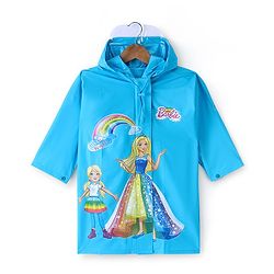 Babyhug Full Sleeve Calf Length Hooded Raincoat Barbie Print - Blue
