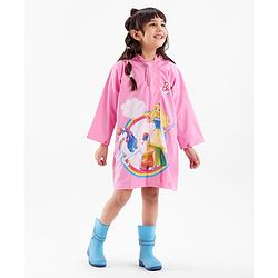Babyhug Full Sleeves Hooded Barbie Graphics Raincoat - Pink