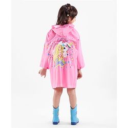 Babyhug Full Sleeves Hooded Barbie Graphics Raincoat - Pink