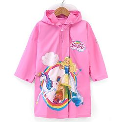 Babyhug Full Sleeves Hooded Barbie Graphics Raincoat - Pink