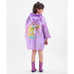 Babyhug Full Sleeves Hooded Raincoat Barbie Print - Lavender