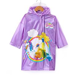 Babyhug Full Sleeves Hooded Raincoat Barbie Print - Lavender