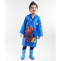 Babyhug Full Sleeves Hooded Raincoat Spiderman Print - Blue