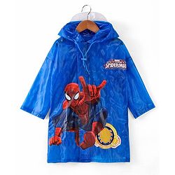 Babyhug Full Sleeves Hooded Raincoat Spiderman Print - Blue