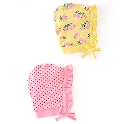 Babyhug 100% Cotton Knit Tie-Knot Caps Floral Print Pack of 2 - Pink & Yellow