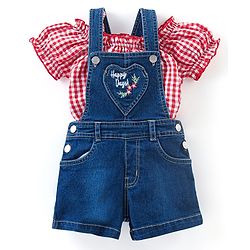 Babyhug 100% Cotton Denim Woven Dungaree with Floral Embroidered  and Half Sleeves Checked Top- Blue