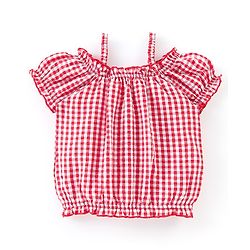 Babyhug 100% Cotton Denim Woven Dungaree with Floral Embroidered  and Half Sleeves Checked Top- Blue