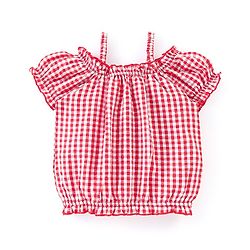 Babyhug 100% Cotton Denim Woven Dungaree with Floral Embroidered  and Half Sleeves Checked Top- Blue