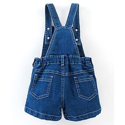 Babyhug 100% Cotton Denim Woven Dungaree with Floral Embroidered  and Half Sleeves Checked Top- Blue