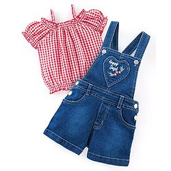 Babyhug 100% Cotton Denim Woven Dungaree with Floral Embroidered  and Half Sleeves Checked Top- Blue