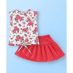 Babyhug 100% Cotton Frill Sleeves Top & Skirt Set Floral Print - White & Red
