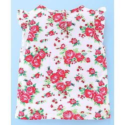 Babyhug 100% Cotton Frill Sleeves Top & Skirt Set Floral Print - White & Red