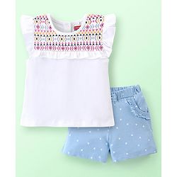 Babyhug 100% Cotton Knit Frill Sleeves Top & Shorts Set with Bow Applique & Argyle Embroidery - White & Light Blue