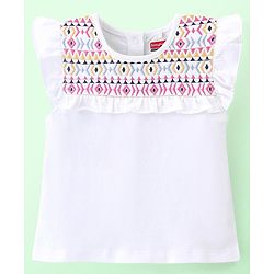 Babyhug 100% Cotton Knit Frill Sleeves Top & Shorts Set with Bow Applique & Argyle Embroidery - White & Light Blue