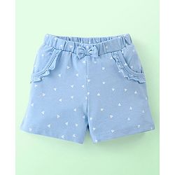 Babyhug 100% Cotton Knit Frill Sleeves Top & Shorts Set with Bow Applique & Argyle Embroidery - White & Light Blue